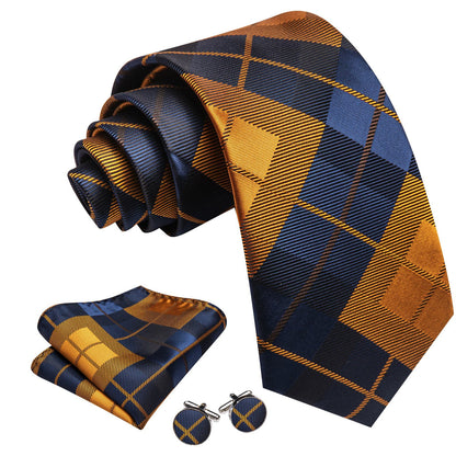 Blue Golden Plaid Checkered Tie, Pocket Square and Cufflinks Set tie sets    - Sophisticated Gentlemen