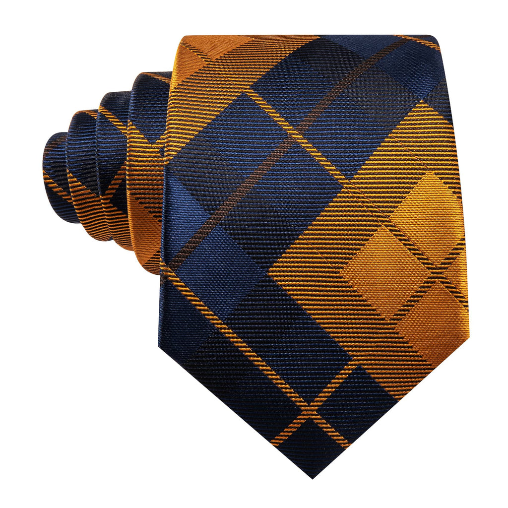 Blue Golden Plaid Checkered Tie, Pocket Square and Cufflinks Set tie sets    - Sophisticated Gentlemen