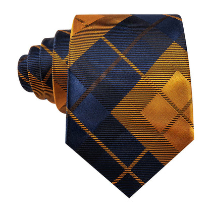 Blue Golden Plaid Checkered Tie, Pocket Square and Cufflinks Set tie sets    - Sophisticated Gentlemen