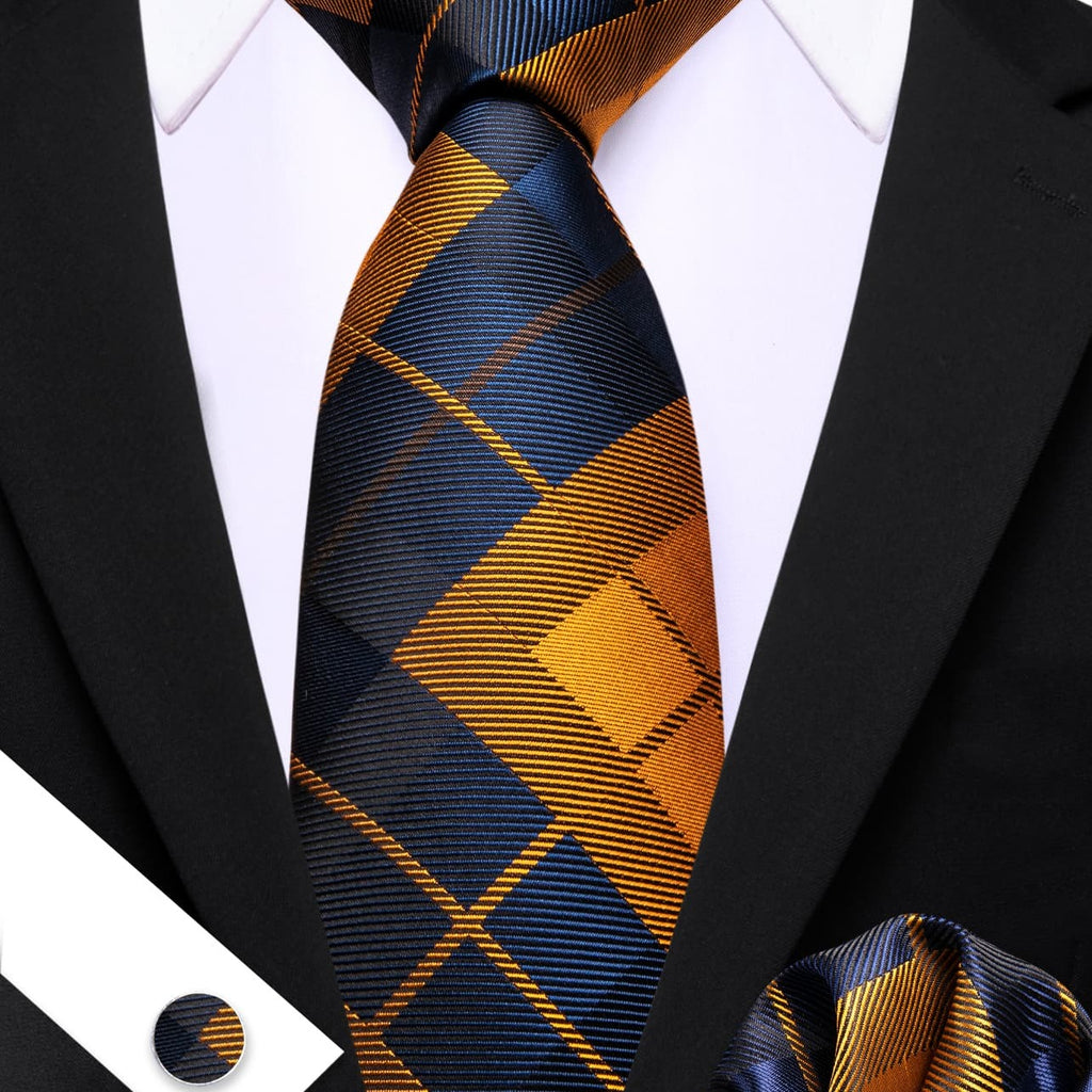 Blue Golden Plaid Checkered Tie, Pocket Square and Cufflinks Set tie sets    - Sophisticated Gentlemen