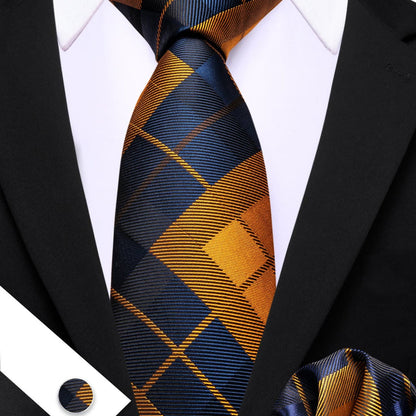 Blue Golden Plaid Checkered Tie, Pocket Square and Cufflinks Set tie sets    - Sophisticated Gentlemen