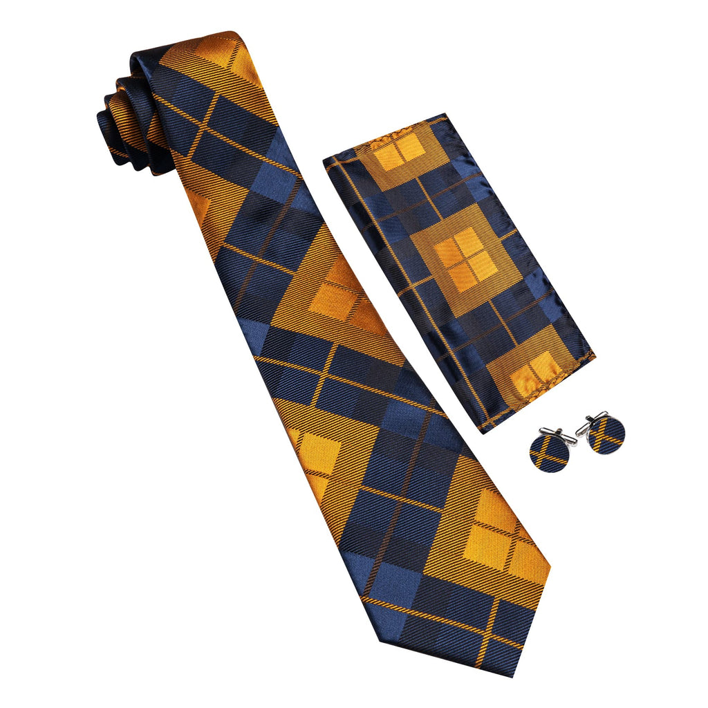 Blue Golden Plaid Checkered Tie, Pocket Square and Cufflinks Set tie sets    - Sophisticated Gentlemen