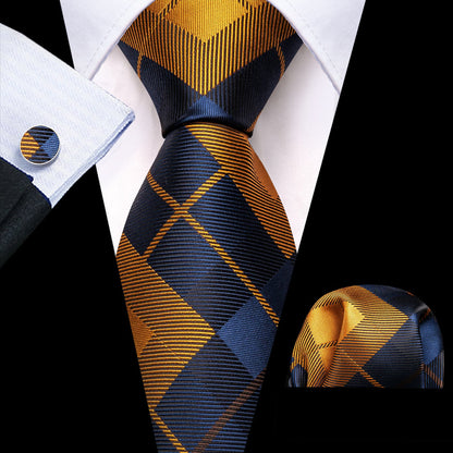 Blue Golden Plaid Checkered Tie, Pocket Square and Cufflinks Set tie sets    - Sophisticated Gentlemen