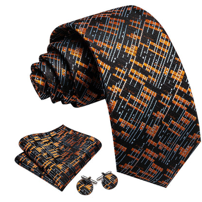 Black Gray Golden Geometric Tie, Pocket Square and Cufflinks Set tie sets    - Sophisticated Gentlemen