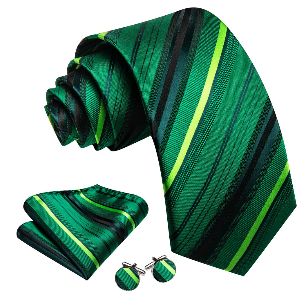 Green Striped Tie, Pocket Square and Cufflinks Set tie sets    - Sophisticated Gentlemen
