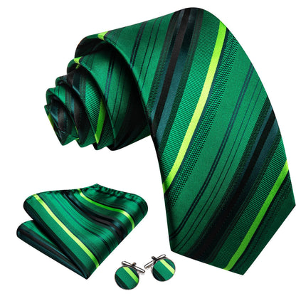 Green Striped Tie, Pocket Square and Cufflinks Set tie sets    - Sophisticated Gentlemen
