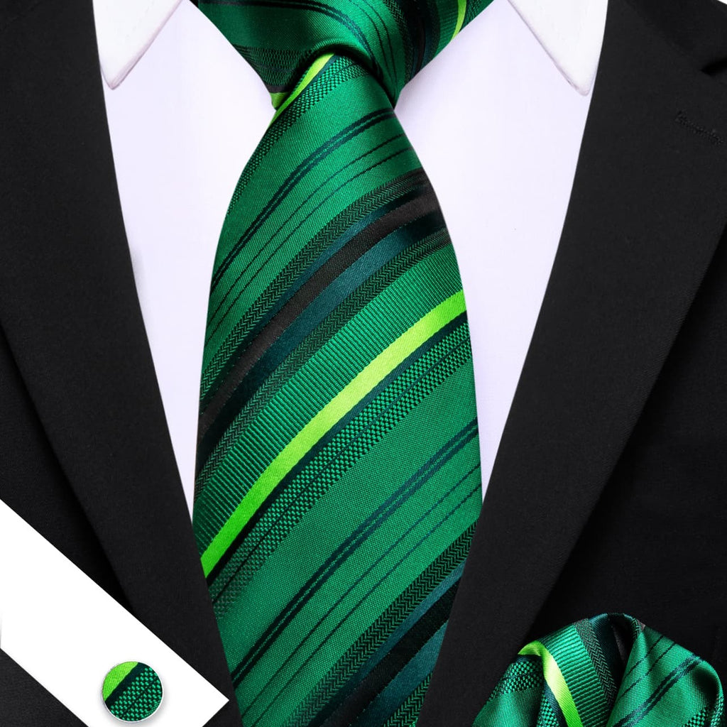 Green Striped Tie, Pocket Square and Cufflinks Set tie sets    - Sophisticated Gentlemen
