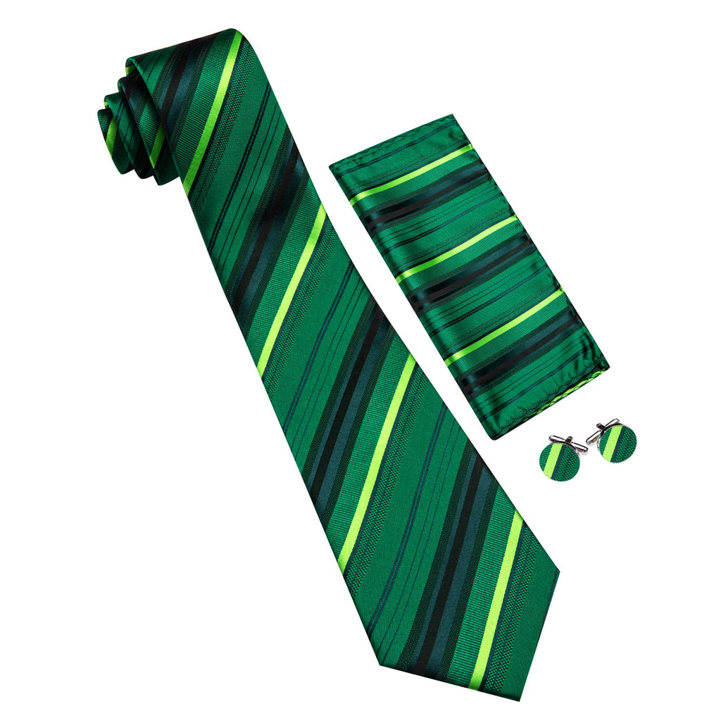 Green Striped Tie, Pocket Square and Cufflinks Set tie sets    - Sophisticated Gentlemen