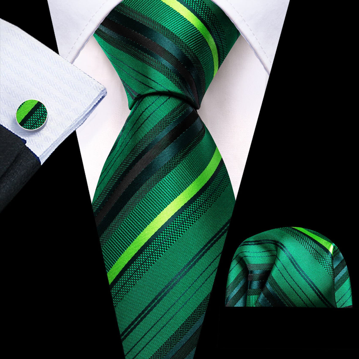 Green Striped Tie, Pocket Square and Cufflinks Set tie sets    - Sophisticated Gentlemen