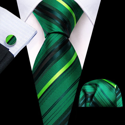 Green Striped Tie, Pocket Square and Cufflinks Set tie sets    - Sophisticated Gentlemen