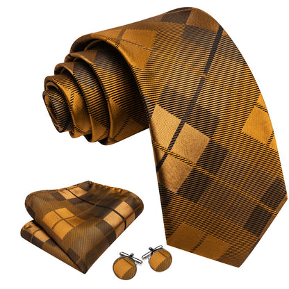 Peru Brown Plaid Checkered Tie, Pocket Square and Cufflinks Set tie sets    - Sophisticated Gentlemen
