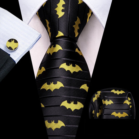 Yellow & Black Jacquard Bat Tie Set with Pocket Square and Cufflinks tie sets    - Sophisticated Gentlemen