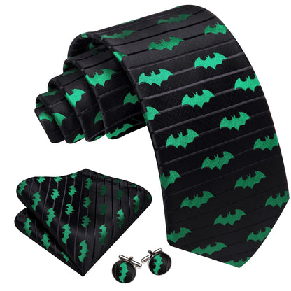 Green & Black Jacquard Bat Tie Set with Pocket Square and Cufflinks tie sets    - Sophisticated Gentlemen