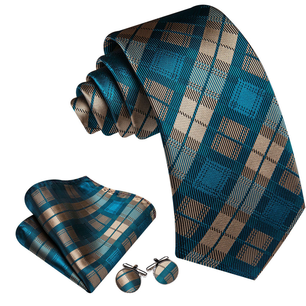 Beige Teal Blue Plaid Checkered Tie, Pocket Square and Cufflinks Set tie sets    - Sophisticated Gentlemen