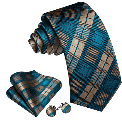 Beige Teal Blue Plaid Checkered Tie, Pocket Square and Cufflinks Set tie sets    - Sophisticated Gentlemen