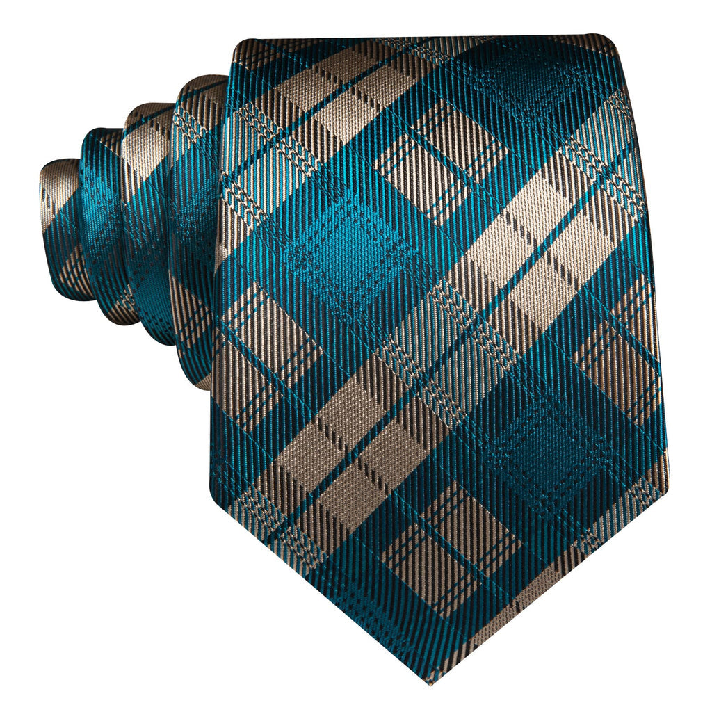 Beige Teal Blue Plaid Checkered Tie, Pocket Square and Cufflinks Set tie sets    - Sophisticated Gentlemen