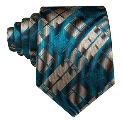 Beige Teal Blue Plaid Checkered Tie, Pocket Square and Cufflinks Set tie sets    - Sophisticated Gentlemen