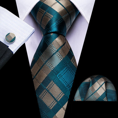 Beige Teal Blue Plaid Checkered Tie, Pocket Square and Cufflinks Set tie sets    - Sophisticated Gentlemen