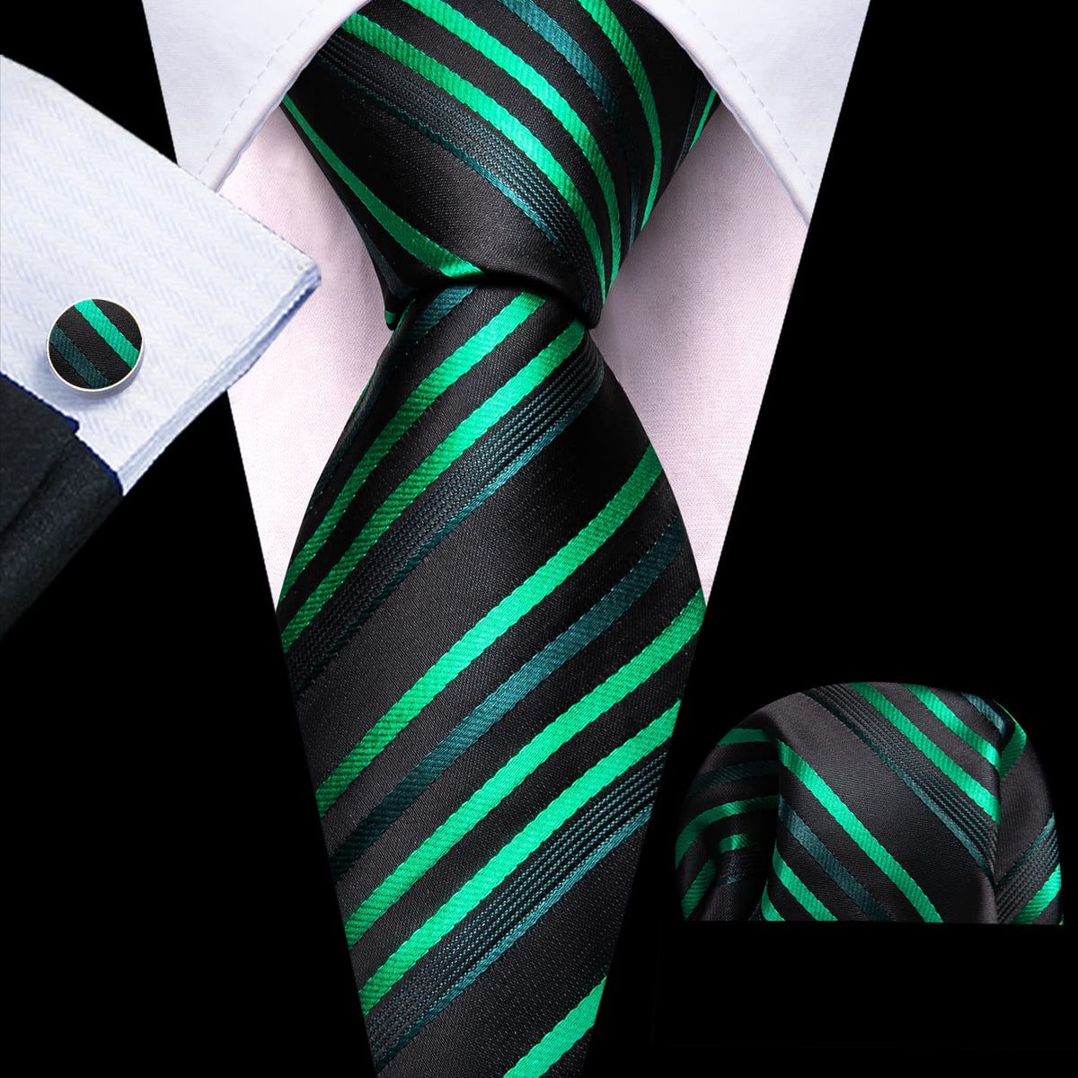 Black and Forest Green Striped Tie, Pocket Square, and Cufflinks Set tie sets    - Sophisticated Gentlemen