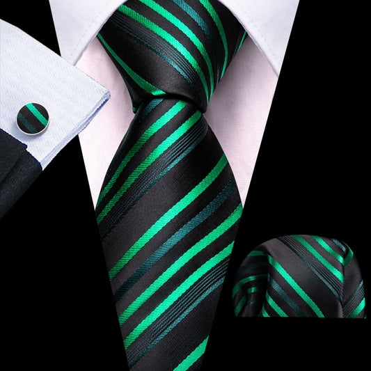 Black and Forest Green Striped Tie, Pocket Square, and Cufflinks Set tie sets    - Sophisticated Gentlemen