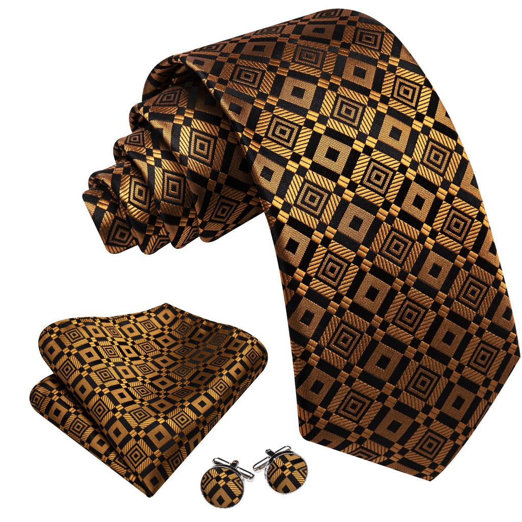Golden Black Square Pattern Tie, Pocket Square and Cufflinks Set tie sets    - Sophisticated Gentlemen