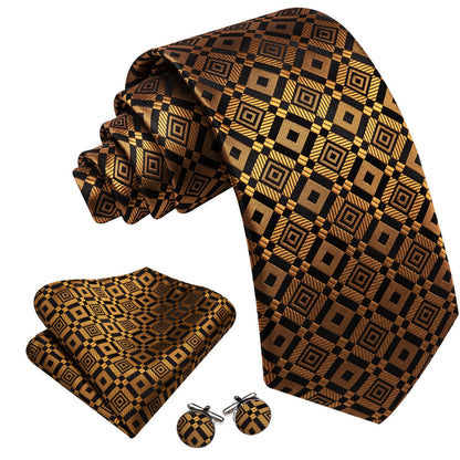 Golden Black Square Pattern Tie, Pocket Square and Cufflinks Set tie sets    - Sophisticated Gentlemen