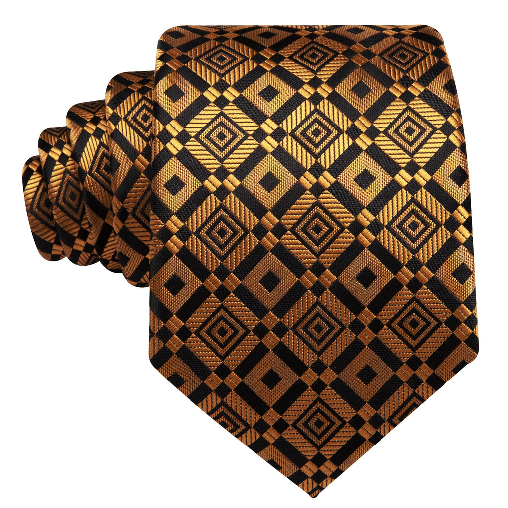 Golden Black Square Pattern Tie, Pocket Square and Cufflinks Set tie sets    - Sophisticated Gentlemen