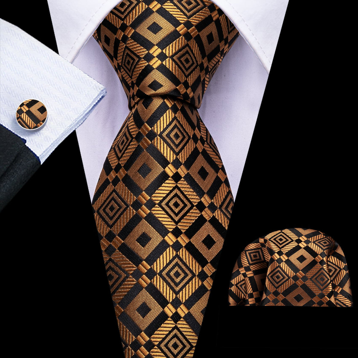 Golden Black Square Pattern Tie, Pocket Square and Cufflinks Set tie sets    - Sophisticated Gentlemen