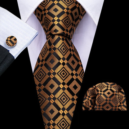Golden Black Square Pattern Tie, Pocket Square and Cufflinks Set tie sets    - Sophisticated Gentlemen