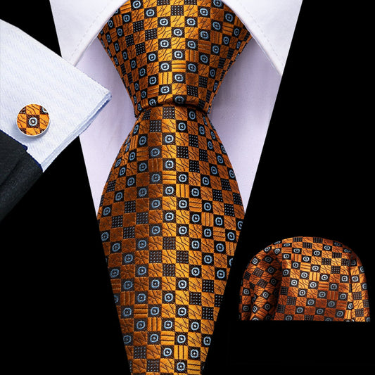 Golden and Black Novelty Tie, Pocket Square, and Cufflinks Set tie sets    - Sophisticated Gentlemen