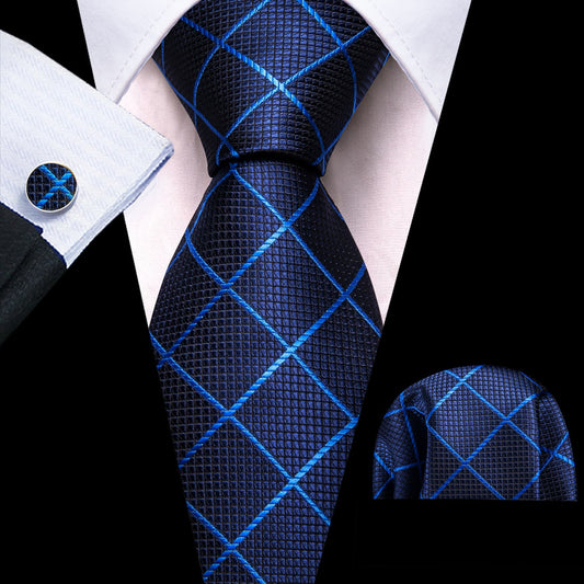 Navy Blue Checkered Tie, Pocket Square, and Cufflinks Set tie sets    - Sophisticated Gentlemen