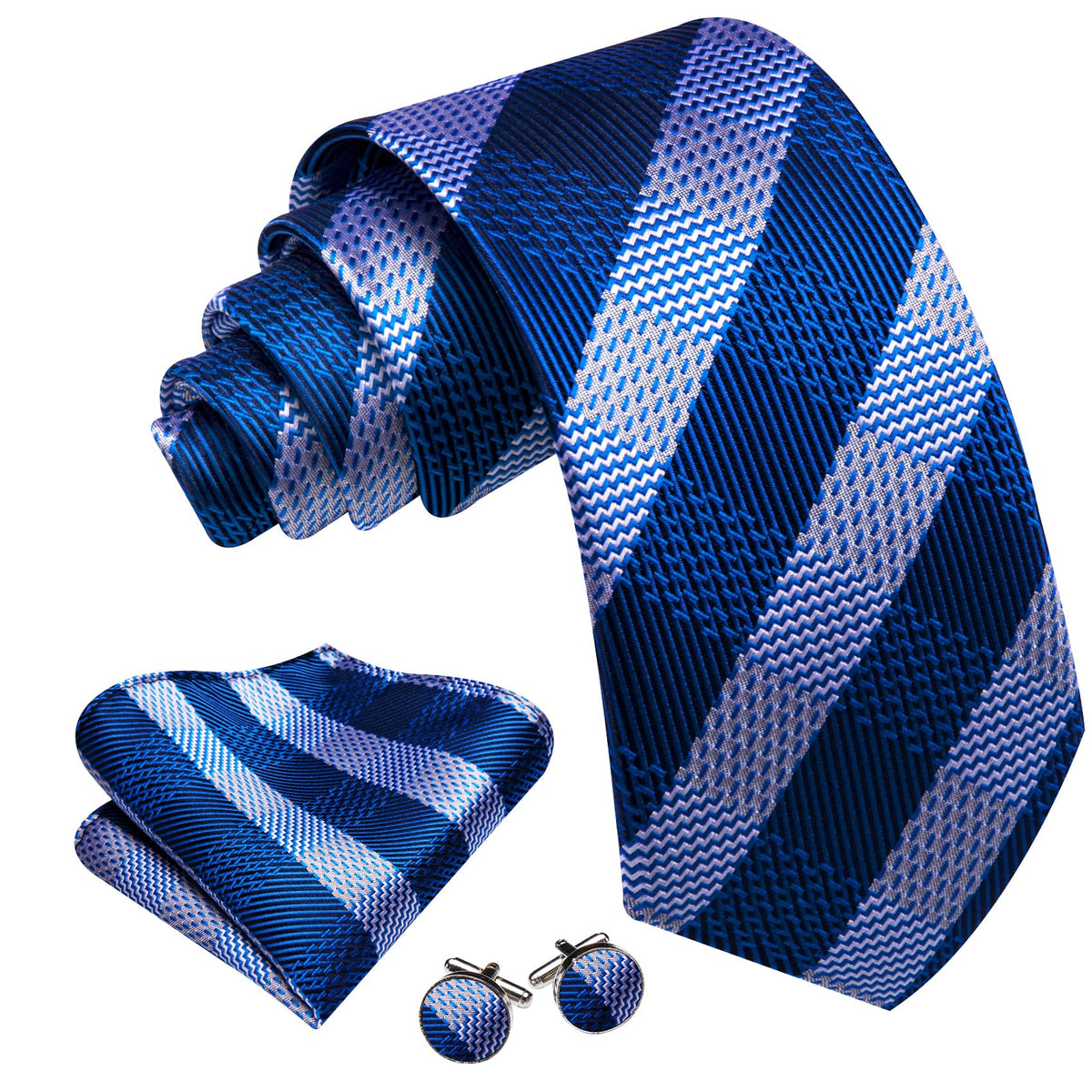 Blue Gray Striped Tie, Pocket Square and Cufflinks Set tie sets    - Sophisticated Gentlemen