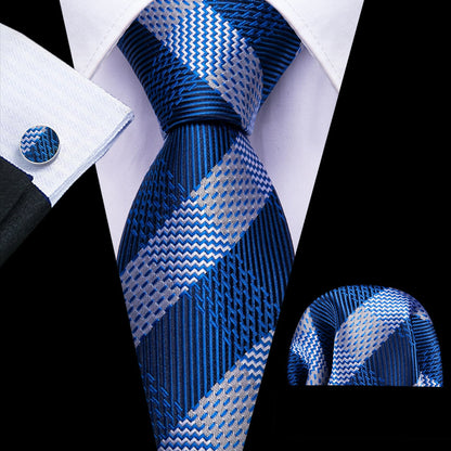 Blue Gray Striped Tie, Pocket Square and Cufflinks Set tie sets    - Sophisticated Gentlemen
