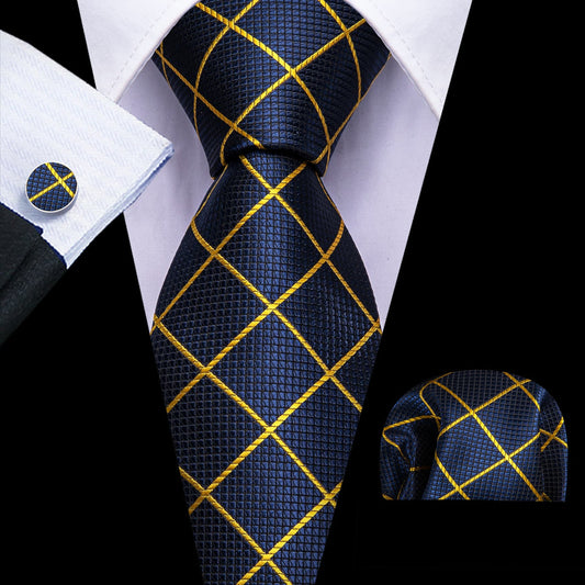 Royal Blue & Yellow Striped Silk Tie, Pocket Square and Cufflinks Set tie sets - Sophisticated Gentlemen