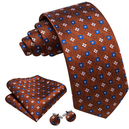Brown White Blue Jacquard Floral Tie, Pocket Square and Cufflinks Set tie sets    - Sophisticated Gentlemen