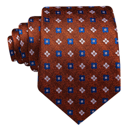Brown White Blue Jacquard Floral Tie, Pocket Square and Cufflinks Set tie sets    - Sophisticated Gentlemen
