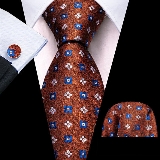 Brown White Blue Jacquard Floral Tie, Pocket Square and Cufflinks Set tie sets    - Sophisticated Gentlemen