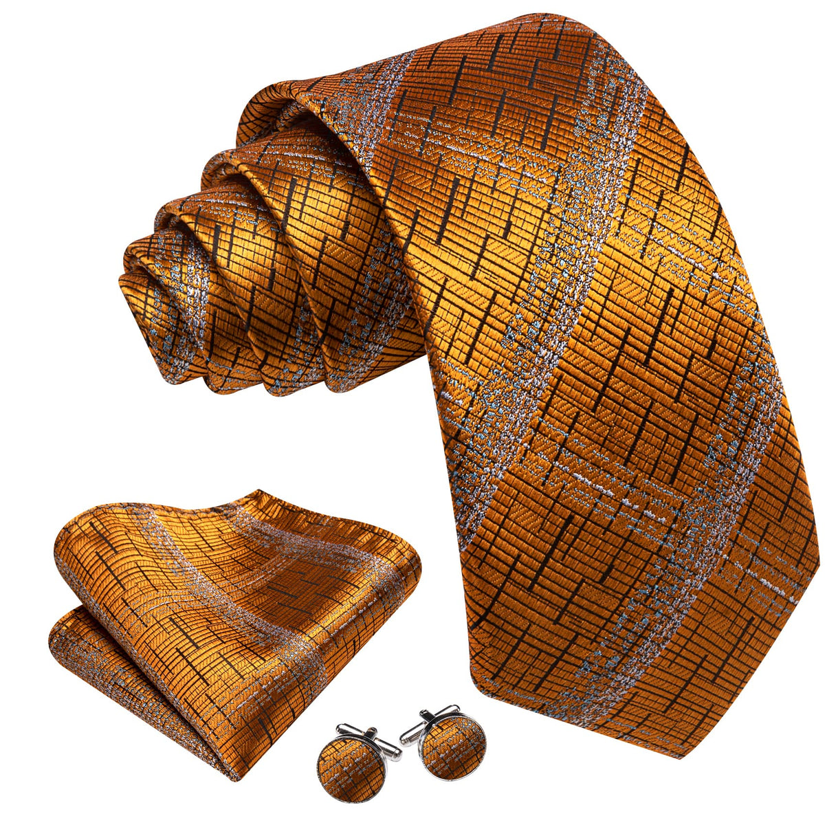 Orange Black Silver Tie, Pocket Square and Cufflinks Set tie sets    - Sophisticated Gentlemen