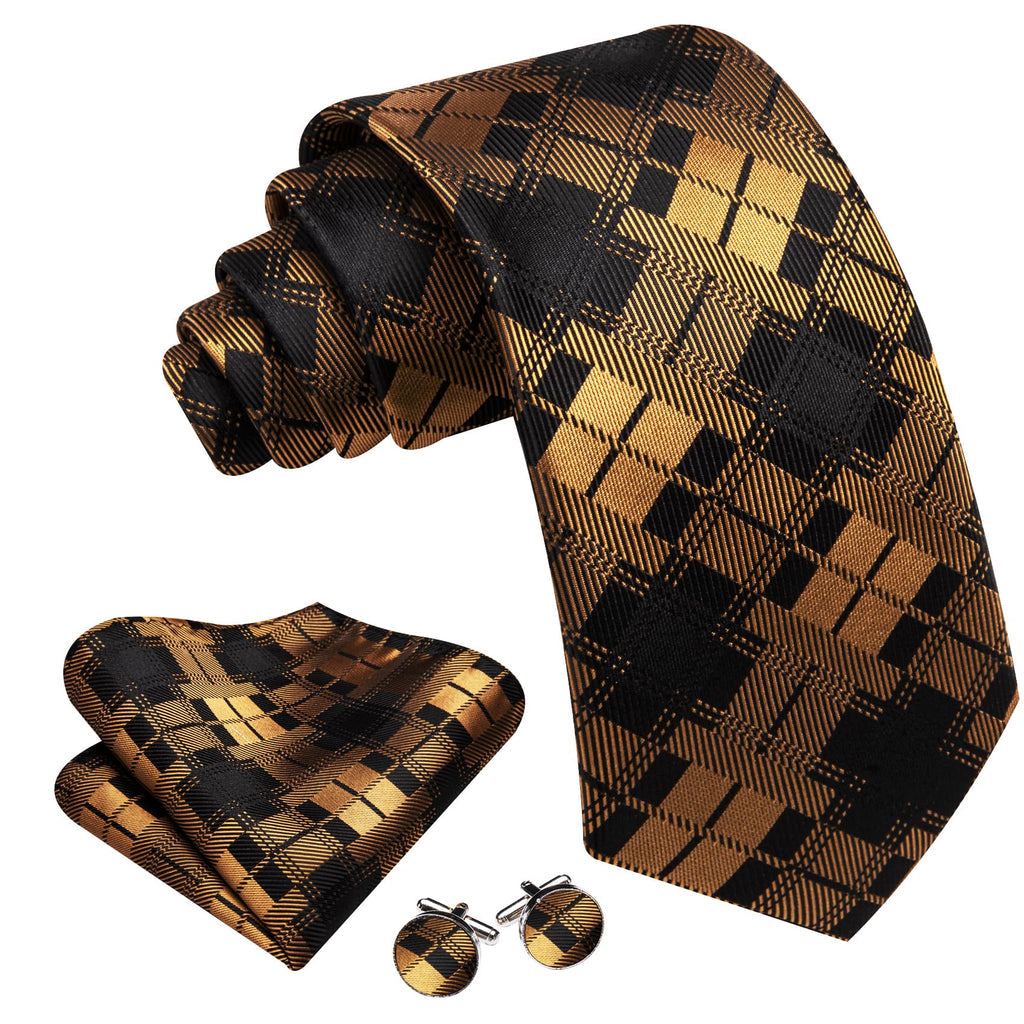 Black & Yellow Checkered Silk Tie, Pocket Square and Cufflinks Set tie sets - Sophisticated Gentlemen