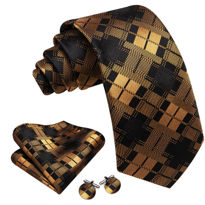 Black & Yellow Checkered Silk Tie, Pocket Square and Cufflinks Set tie sets - Sophisticated Gentlemen