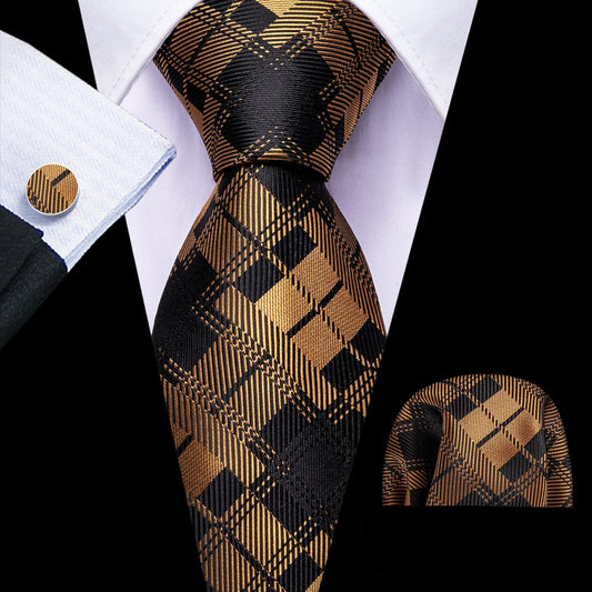 Black & Yellow Checkered Silk Tie, Pocket Square and Cufflinks Set tie sets - Sophisticated Gentlemen