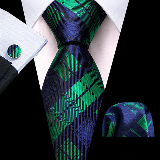 Blue & Green Checkered Silk Tie, Pocket Square and Cufflinks Set tie sets - Sophisticated Gentlemen