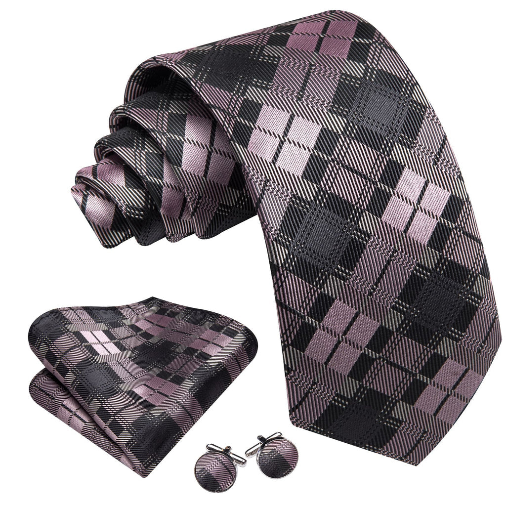 Black, Gray & Pink Checkered Silk Tie, Pocket Square and Cufflinks Set tie sets - Sophisticated Gentlemen