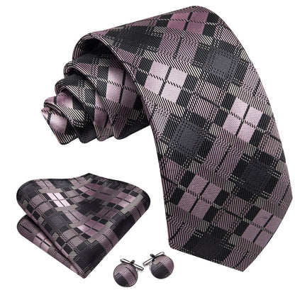 Black, Gray & Pink Checkered Silk Tie, Pocket Square and Cufflinks Set tie sets - Sophisticated Gentlemen