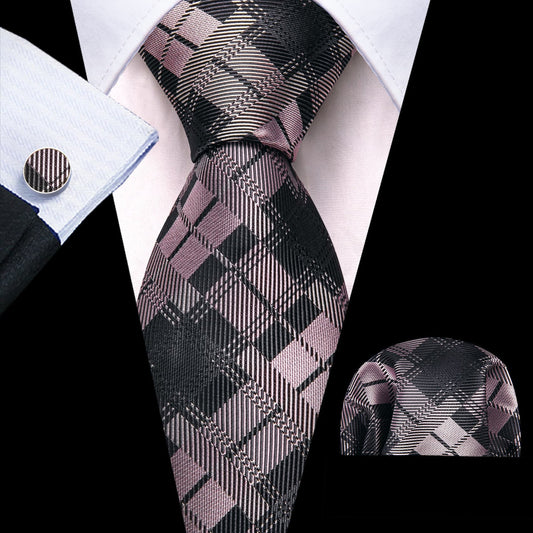 Black, Gray & Pink Checkered Silk Tie, Pocket Square and Cufflinks Set tie sets - Sophisticated Gentlemen