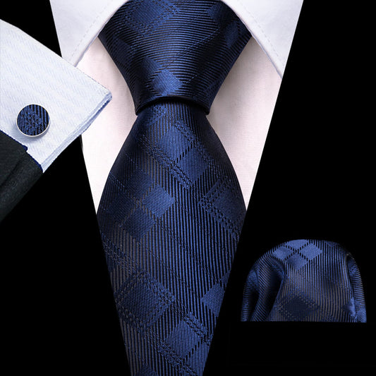 Navy & Charcoal Checkered Silk Tie, Pocket Square and Cufflinks Set tie sets - Sophisticated Gentlemen