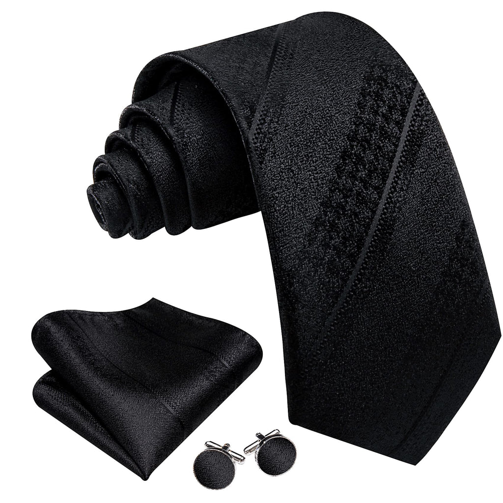 Midnight Black Striped Jacquard Silk Tie, Pocket Square & Cufflinks Set tie sets - Sophisticated Gentlemen