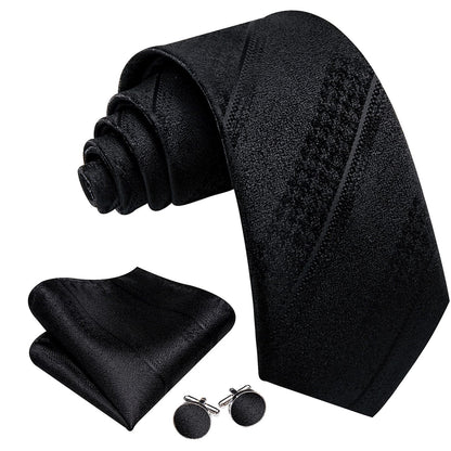 Midnight Black Striped Jacquard Silk Tie, Pocket Square & Cufflinks Set tie sets - Sophisticated Gentlemen