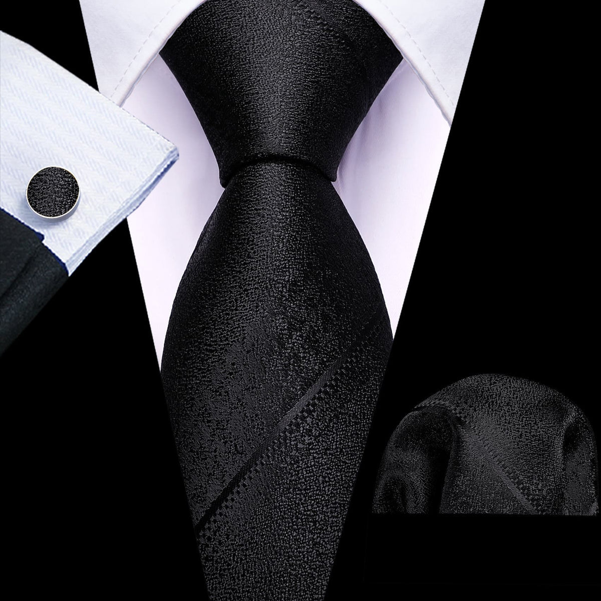 Midnight Black Striped Jacquard Silk Tie, Pocket Square & Cufflinks Set tie sets - Sophisticated Gentlemen