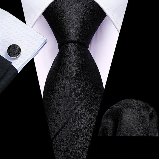 Midnight Black Striped Jacquard Silk Tie, Pocket Square & Cufflinks Set tie sets - Sophisticated Gentlemen